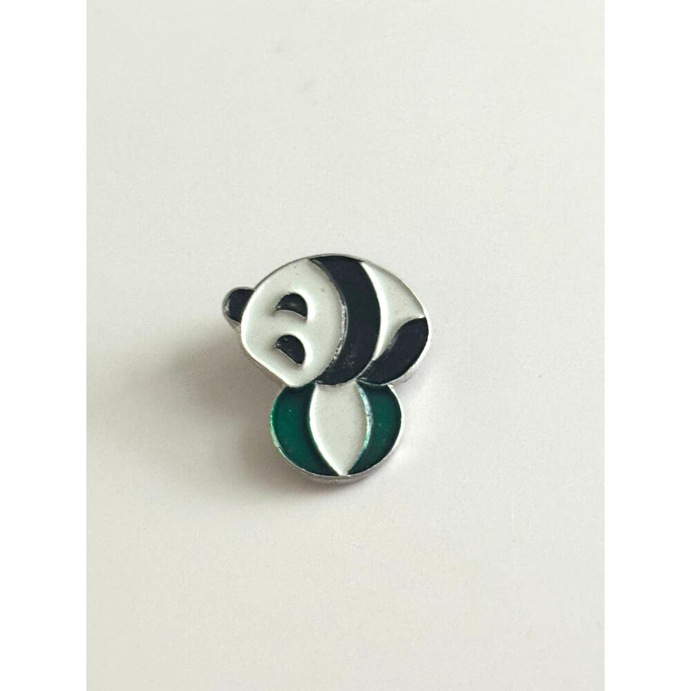 VTG 1980s Chinese Tiny Panda‎ Bear Ball Pin Silver Tone Black White Green Enamel